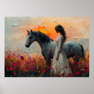 Enchanting Horse and Woman in a Vibrant Sunset Poster