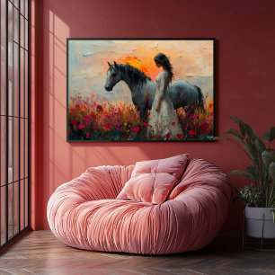 Enchanting Horse and Woman in a Vibrant Sunset Poster
