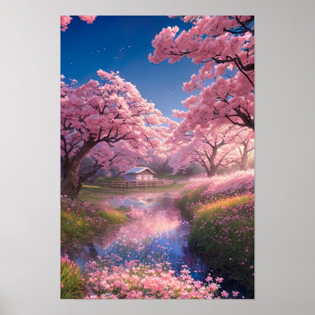 Enchanting Hut Amidst Sakura Trees Poster (Front)