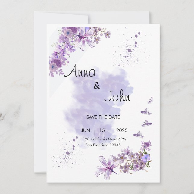 Enchanting in purple. Floral Wedding Invitation (Front)