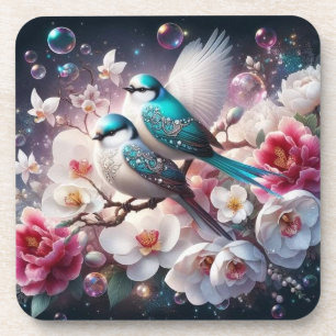: Enchanting Jewel-Toned Lovebirds Amidst Blossomi Coaster