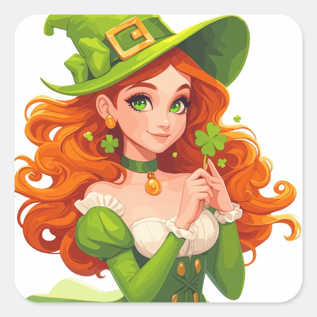 Enchanting Lady with Clover Square Sticker (Front)