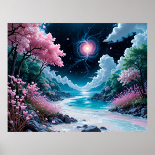 Enchanting Landscape With Pink Cherry Blossoms Poster