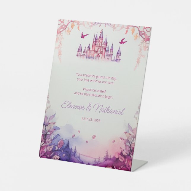 Enchanting Lavender Renaissance Castle Wedding Pedestal Sign (Front)
