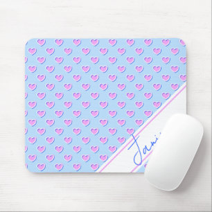 Enchanting Light Blue Cute Pink Hearts Custom Name Mouse Mat
