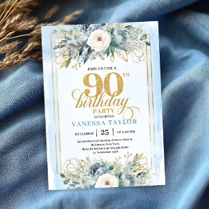 Enchanting light blue gold look 90th birthday  invitation