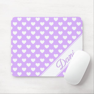 Enchanting Lilac Custom Name White Hearts Mouse Mat