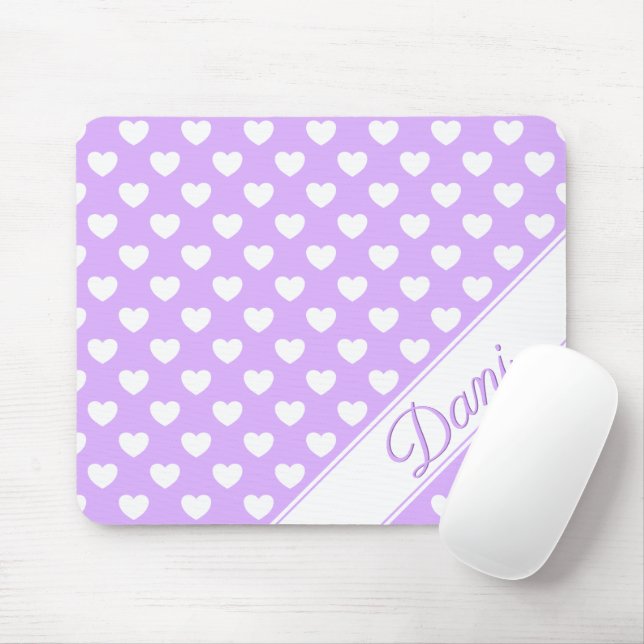 Enchanting Lilac Custom Name White Hearts Mouse Mat (With Mouse)