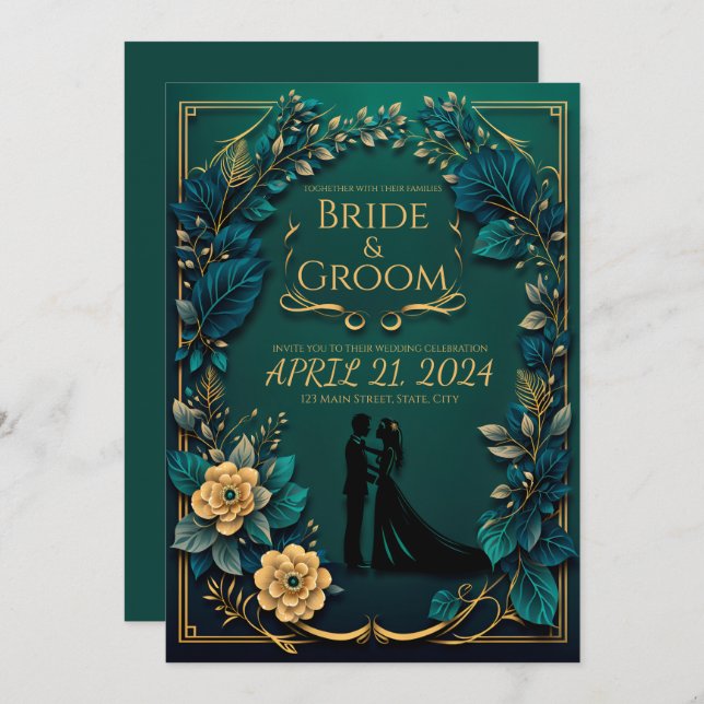 Enchanting Love: Emerald Green and Gold  Invitation (Front/Back)