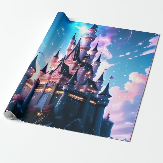 Enchanting Magical Castle Themed Birthday Wrapping Paper (Unrolled)