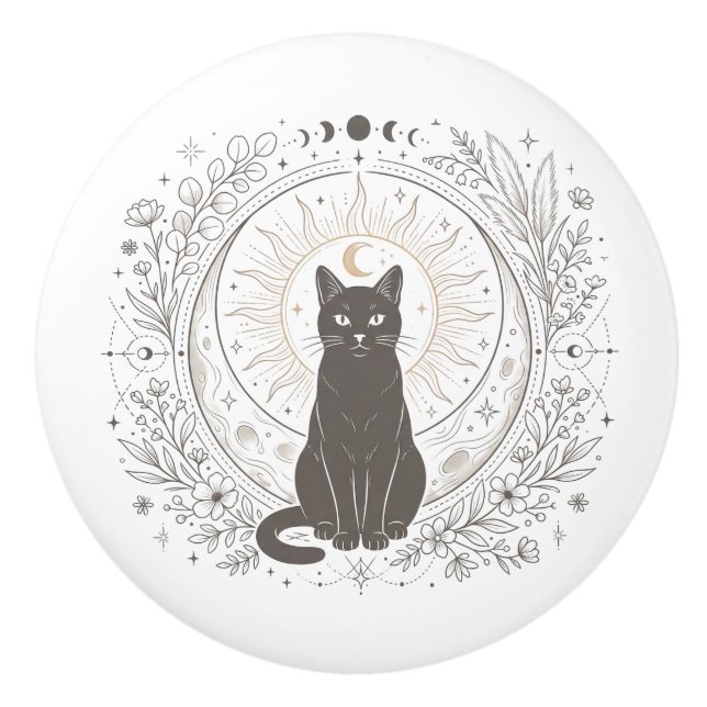 Enchanting Magical Cat Apothecary – Sun & Moon Ceramic Knob (Front)