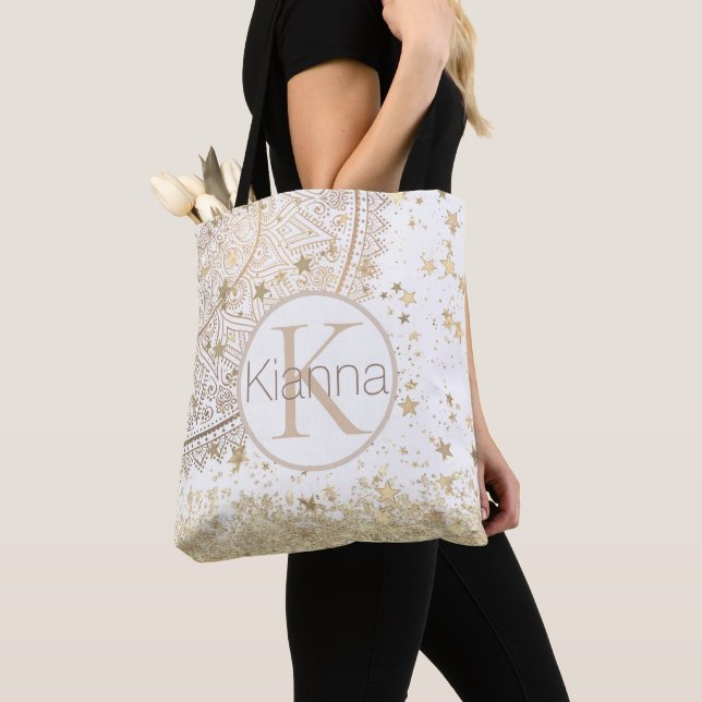Enchanting Mandala with Gold Stars Monogram Tote Bag (Close Up)