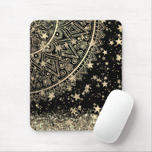 Enchanting Mandala with Gold Stars on Black        Mouse Mat