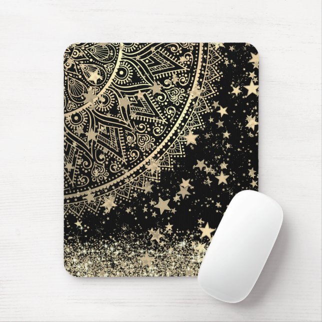 Enchanting Mandala with Gold Stars on Black        Mouse Mat (With Mouse)