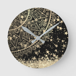 Enchanting Mandala with Gold Stars on Black     Round Clock