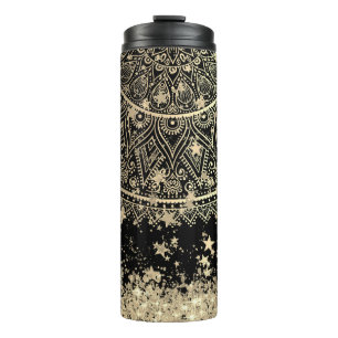 Enchanting Mandala with Gold Stars on Black Thermal Tumbler