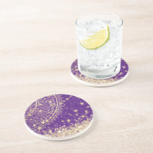 Enchanting Mandala with Gold Stars on Purple Coaster