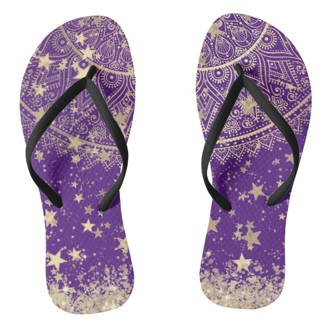 Enchanting Mandala with Gold Stars on Purple  Flip Flops (Footbed)