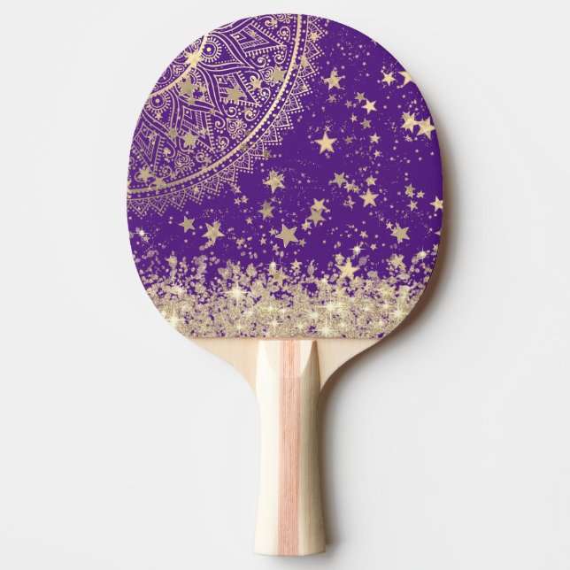 Enchanting Mandala with Gold Stars on Purple  Ping Pong Paddle (Front)