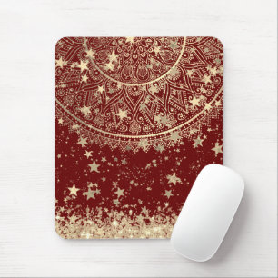 Enchanting Mandala with Gold Stars on Red Mouse Mat