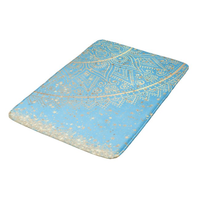 Enchanting Mandala with Gold Stars on Turquoise    Bath Mat (Angled)
