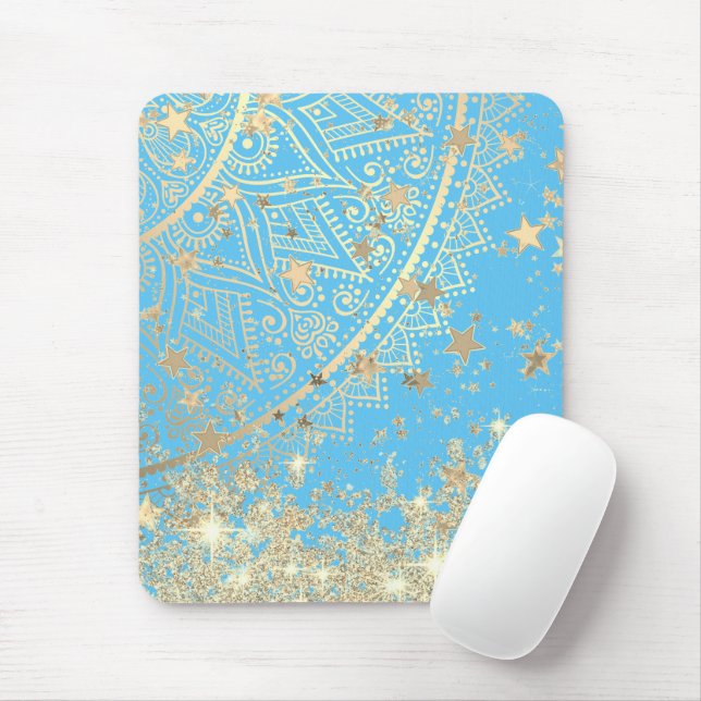 Enchanting Mandala with Gold Stars on Turquoise    Mouse Mat (With Mouse)