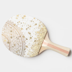 Enchanting Mandala with Gold Stars on White Ping Pong Paddle