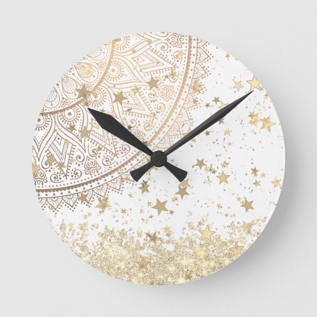 Enchanting Mandala with Gold Stars on White   Round Clock (Front)