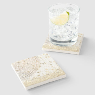 Enchanting Mandala with Gold Stars on White Stone Coaster
