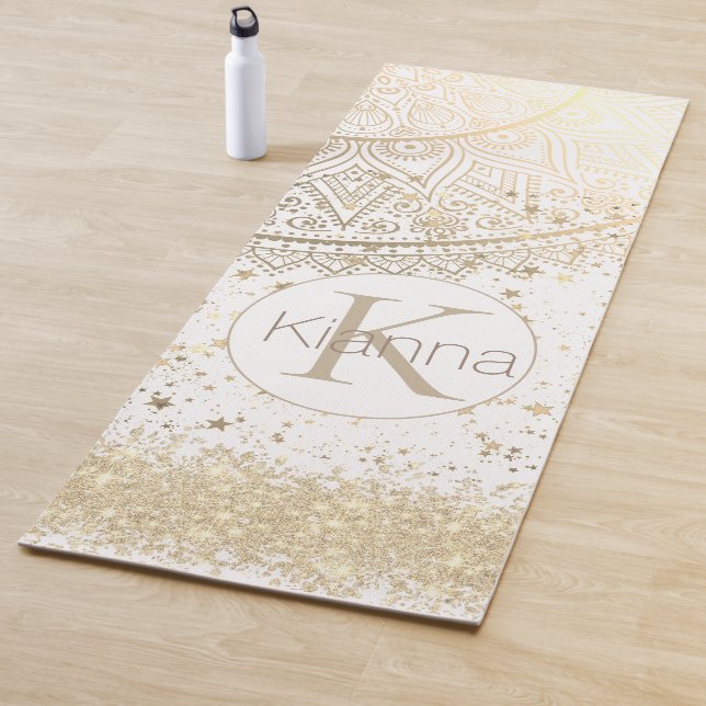 Enchanting Mandala with Gold Stars on White Yoga Mat (In Situ)