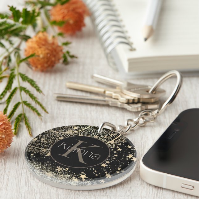 Enchanting Mandala with Gold Stars Personalised Key Ring (Front Right)