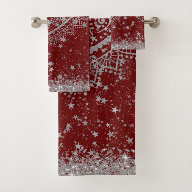 Enchanting Mandala with Silver Stars on Red  Bath Towel Set (Insitu)