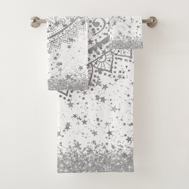 Enchanting Mandala with Silver Stars on White   Bath Towel Set (Insitu)