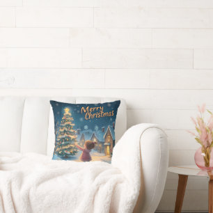Enchanting "Merry Christmas" Village Scene Cushion