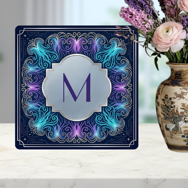 Enchanting  Monogram Teal Purple Swirls Decorative Tile (Creator Uploaded)