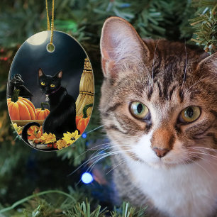 Enchanting Moonlit Black Autumn Cat Pumpkins Ceramic Tree Decoration