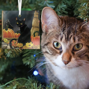 Enchanting Moonlit Black Autumn Cat Pumpkins Glass Tree Decoration