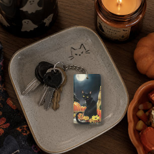Enchanting Moonlit Black Autumn Cat Pumpkins Key Ring