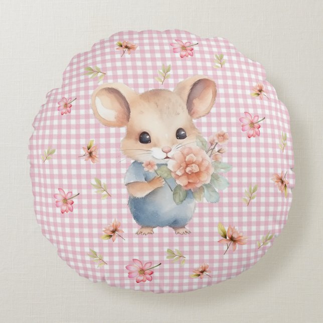 Enchanting Mouse on Pink Gingham Check Round Cushion (Front)