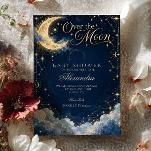 Enchanting Navy Gold Over The Moon Baby Shower Invitation