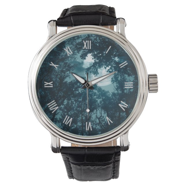Enchanting Night Forest w Full Moon Roman Numbers Watch (Front)