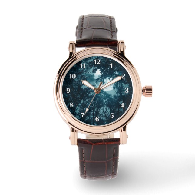 Enchanting Night Forest w Full Moon White Numbers Watch (Front)