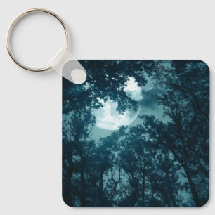 Enchanting Night Forest with Full Moon Key Ring