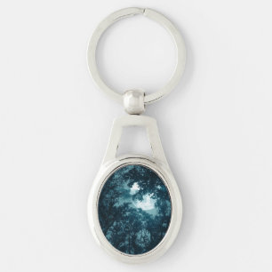 Enchanting Night Forest with Full Moon Key Ring