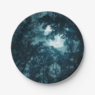 Enchanting Night Forest with Full Moon Paper Plate