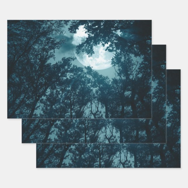 Enchanting Night Forest with Full Moon Wrapping Paper Sheet (Set)