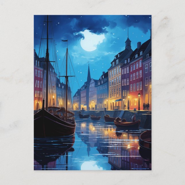 Enchanting Nyhavn Copenhagen Night Canal Scene Postcard (Front)