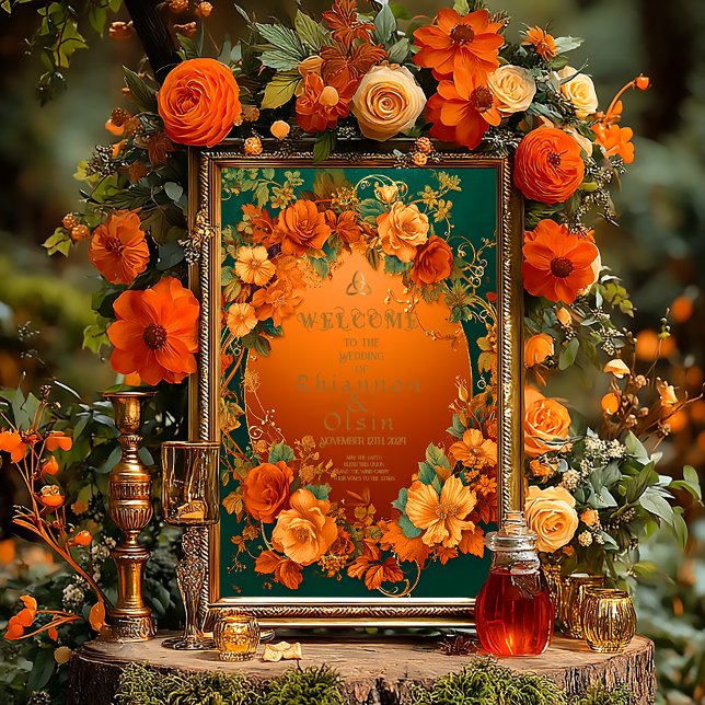 Enchanting Orange and Green Autumn Druid Wedding  Poster (Druid Hills Autumn Wedding Floral Glossy Welcome Poster )