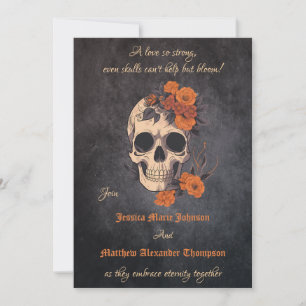Enchanting Orange Bouquet on Cream Skull Wedding Invitation