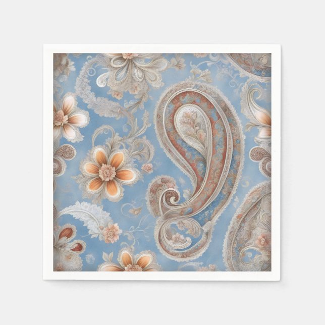 Enchanting Paisley Peach and Blue Napkin (Front)